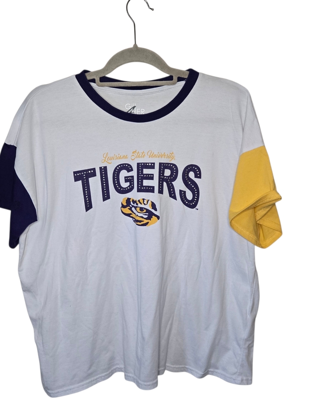 Louisiana‎ State University Tigers White Short Sleeve Ringer Tee Bedazzled Gems